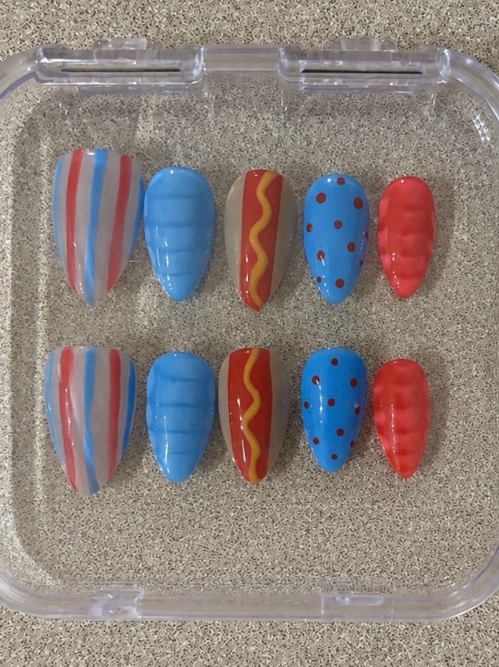 Hand-Painted Press-On Nails in Blue, Red & Tan